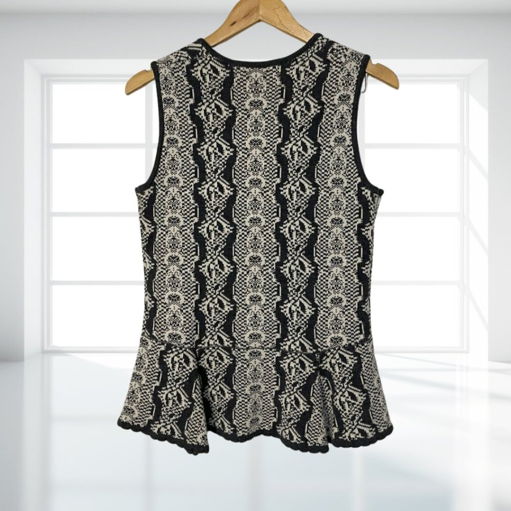 Cabi | Black Cream Geometric Knit Peplum Sleeveless Sweater Tank Top Medium - Picture 3 of 10